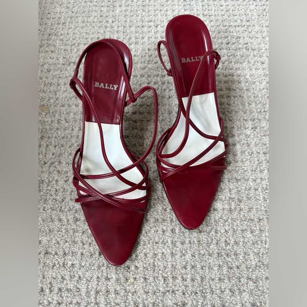 Bally Strappy kitten heel in cranberry red.